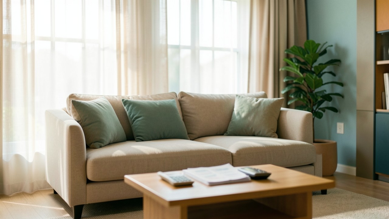 A bright, airy living room with large windows, a soft teal accent wall, and a wooden coffee table with a small stack of documents and a calculator, symbolizing the start of the