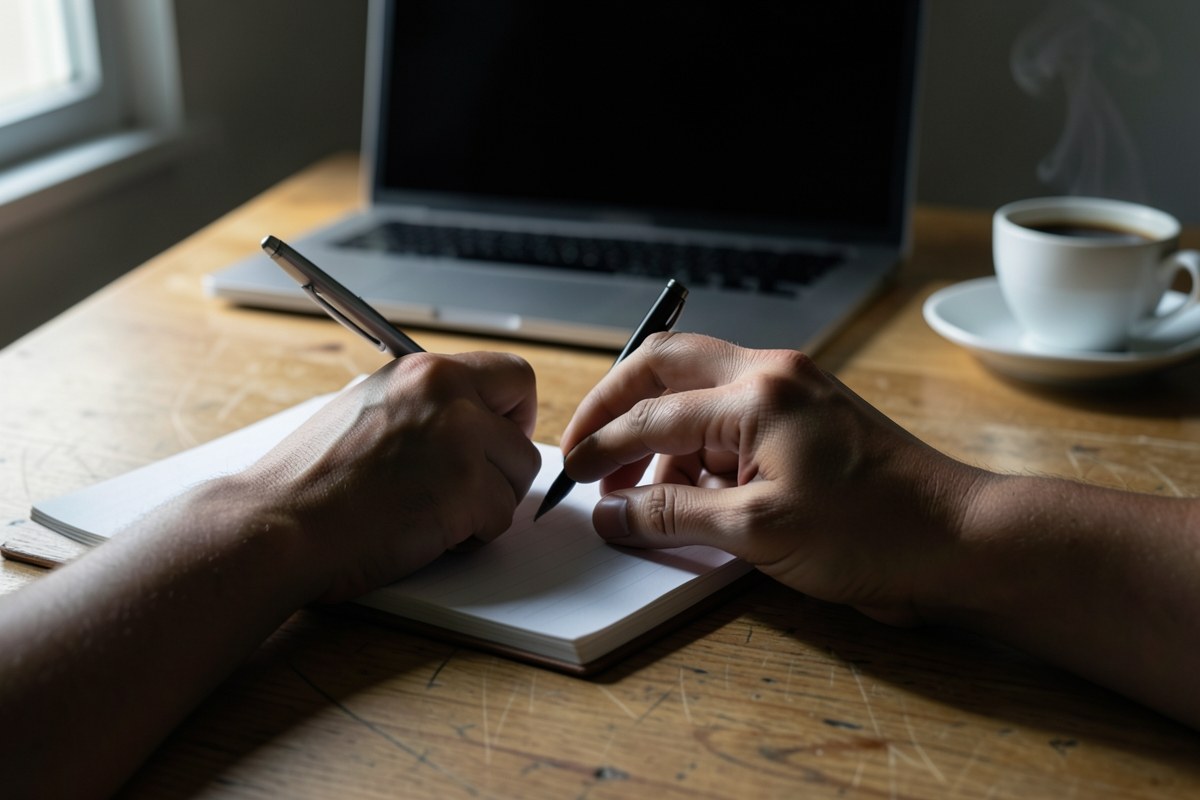 A close-up of a person's hands holding a pen over a notebook, with a laptop and a cup of coffee nearby, suggesting thoughtful research and writing.