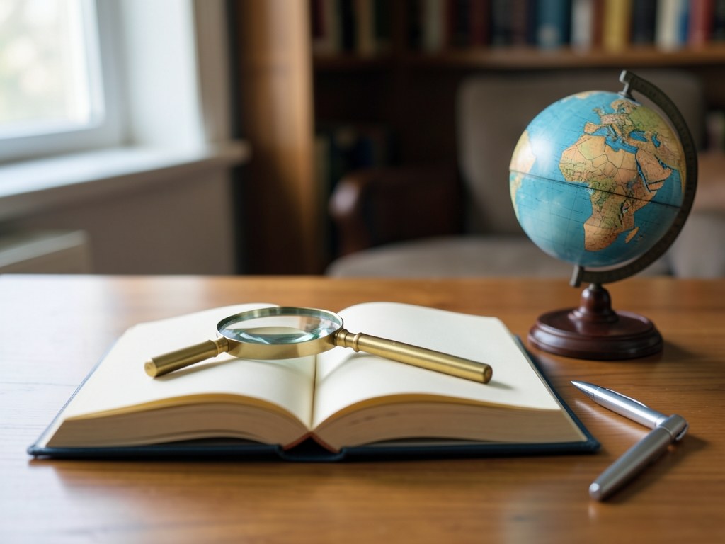 An open book with a magnifying glass on the page, set on a clean desk with a small globe and a pen, representing fact-checking and research.