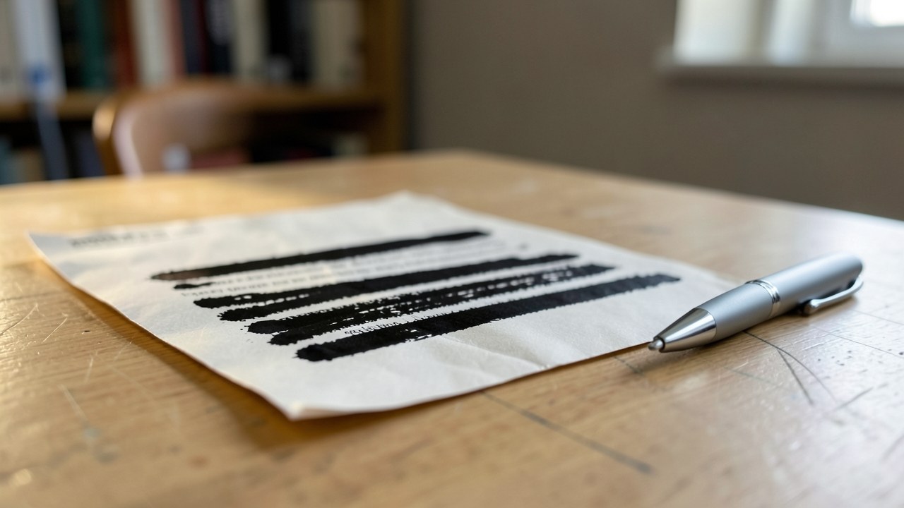 A close-up of a document with a redacted text block and a pen, representing data protection and confidentiality.