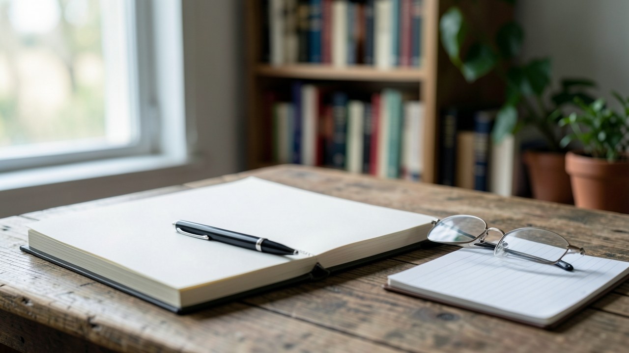 An open signbook with a blank page and a pen, on a table with a notepad, highlighting the importance of reading fine print.