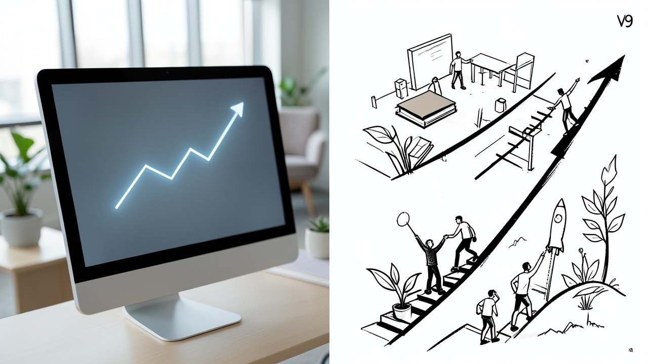 A financial chart on a screen showing an upward trend line, with a blurred background of a modern office, representing market fluctuations.