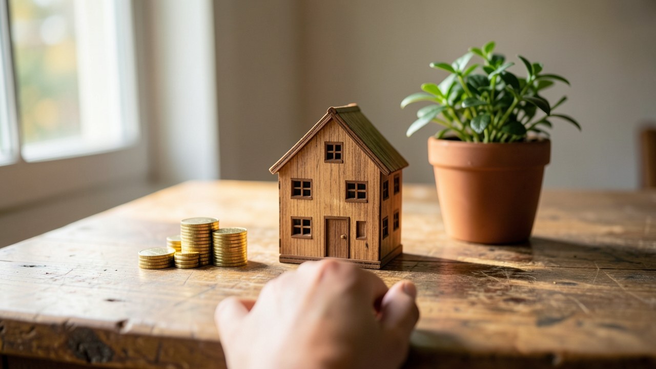 A hand placing a small model house on a table next to stacked coins, representing affordability and savings.
