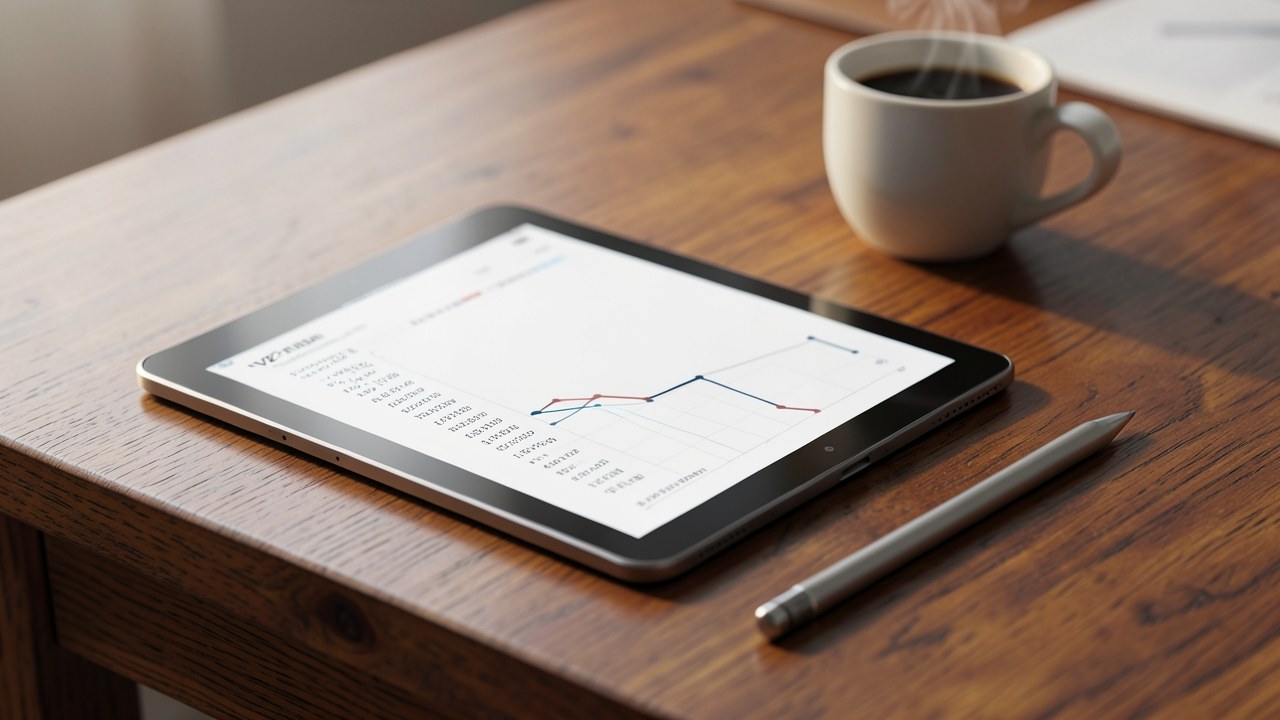 A tablet displaying a table with numbers and a chart, set on a desk with a coffee cup, representing an amortization schedule.