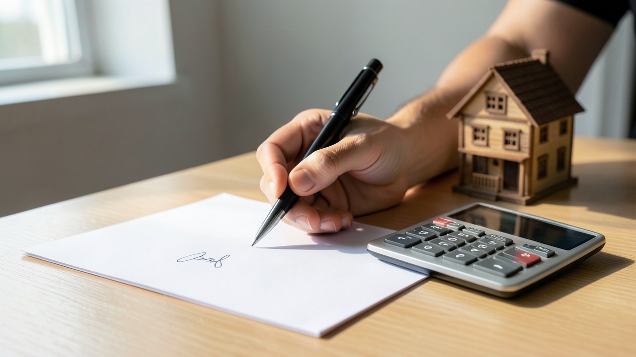 A hand signing a document with a pen, with a calculator and a model house on a desk, symbolizing the refinancing process.