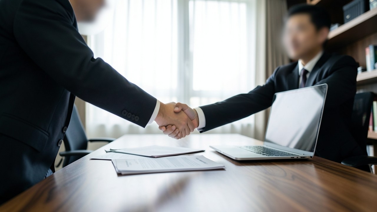 Two people shaking hands across a desk with documents and a laptop, representing comparing offers from different lenders.