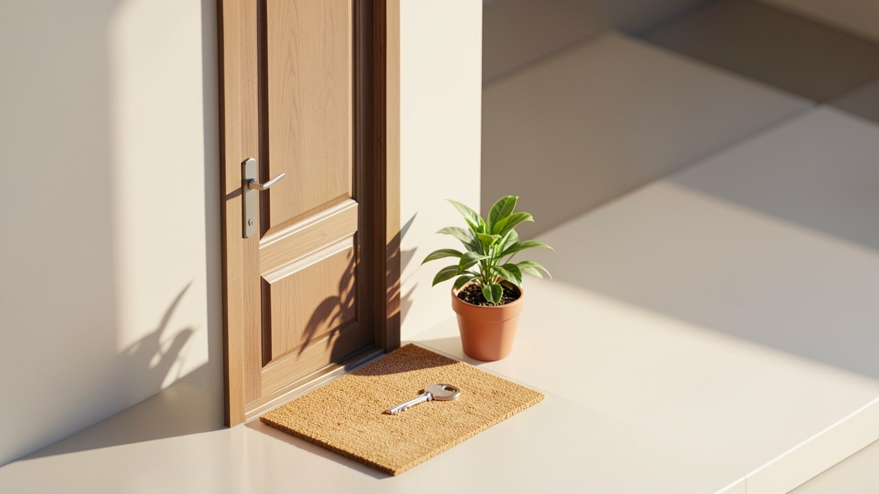 A welcome mat with a small potted plant and a key, symbolizing new beginnings for first-time homebuyers.