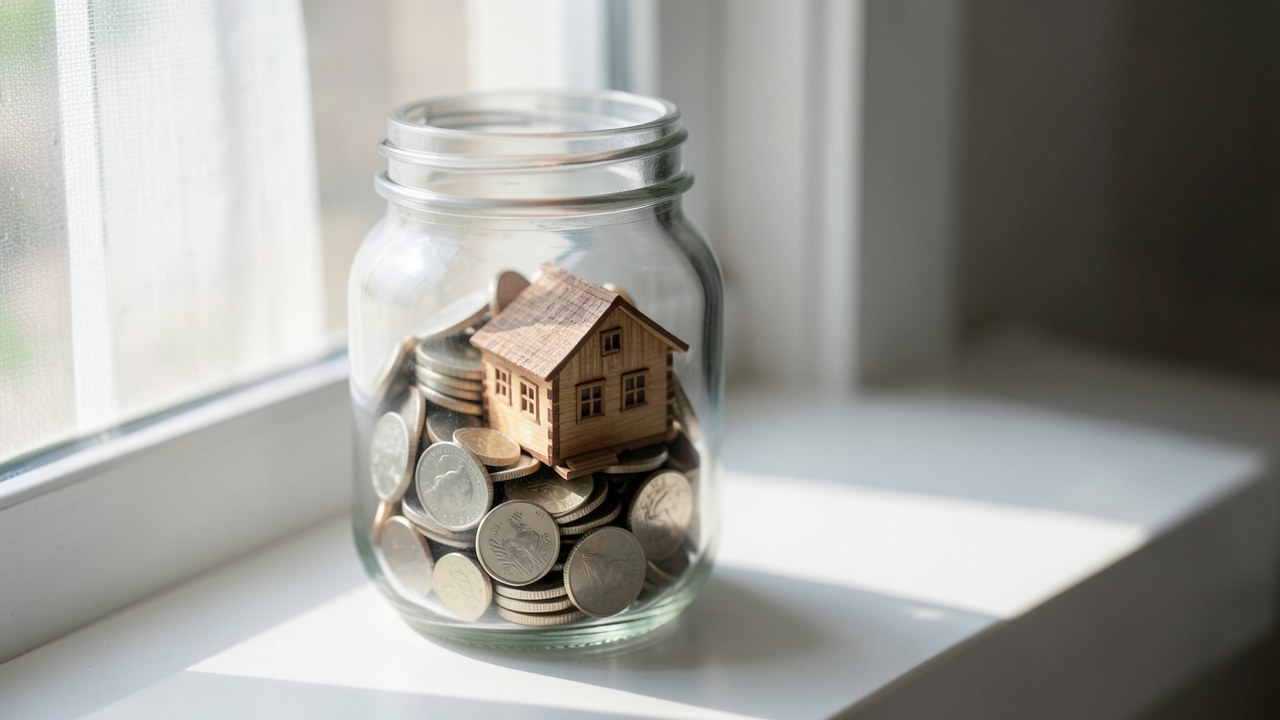 A clear glass jar filled with coins and a small house model inside, sitting on a windowsill, representing saving for a down payment.