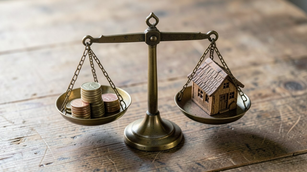 A balance scale with coins on one side and a small house on the other, symbolizing the break-even analysis.
